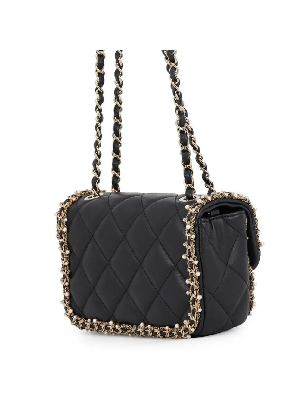 Chanel Chain Shoulder Bag Mini Quilted CC Logo Lambskin Faux Pearl Black